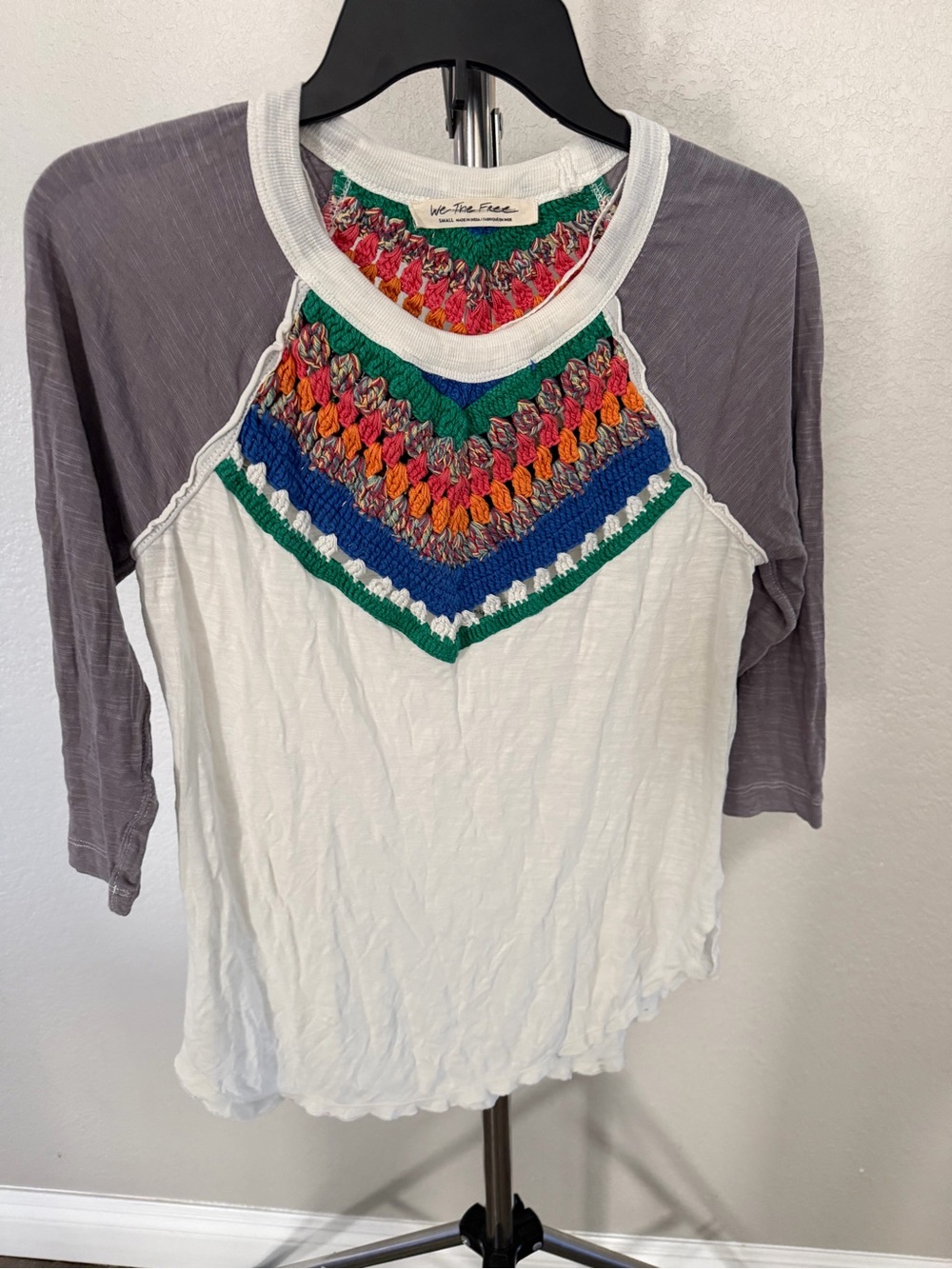 We The Free White Top with Multicolor Crochet Yoke and Gray Raglan Sleeves
